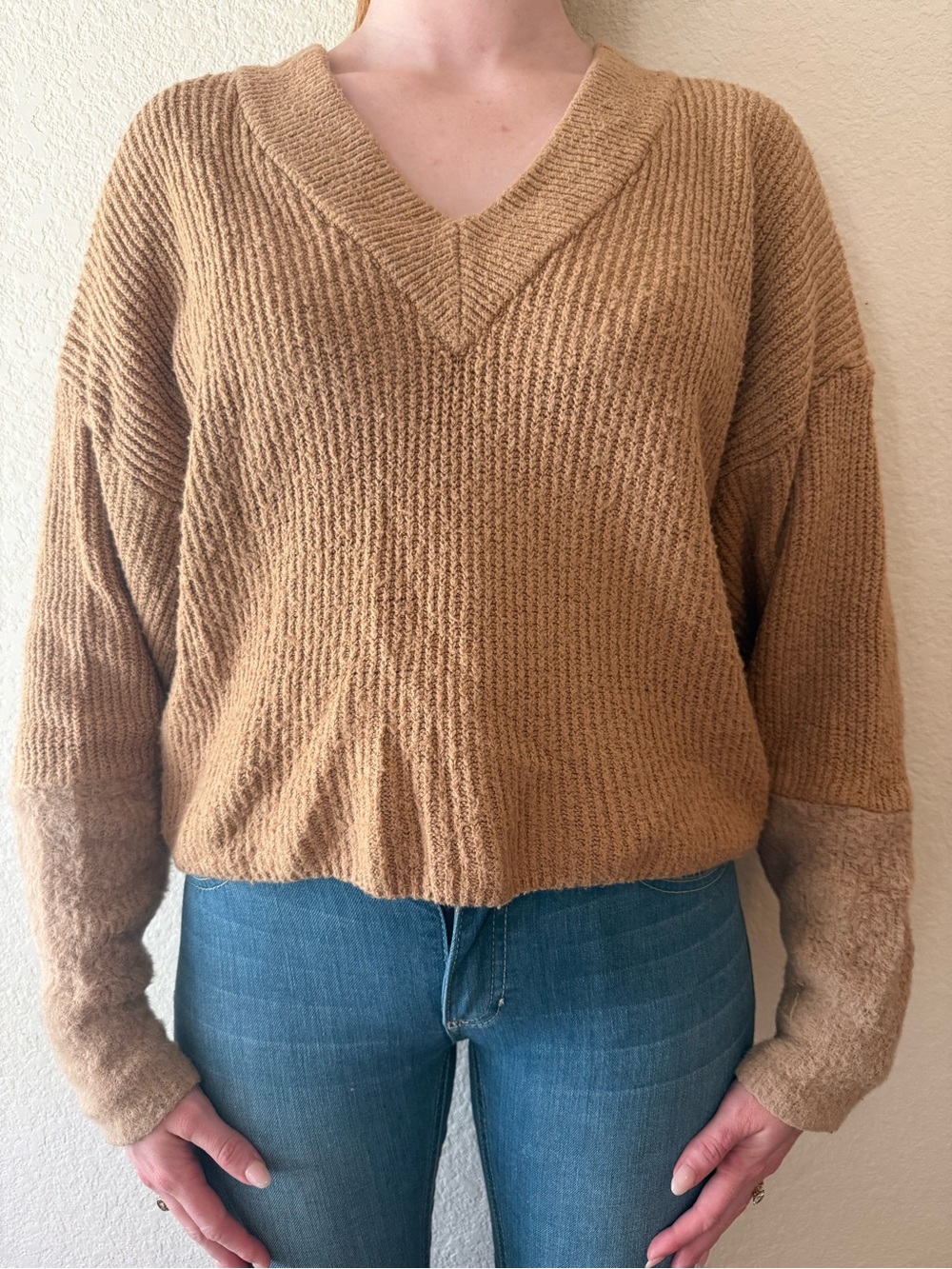 Express Tan V-Neck Ribbed Knit Sweater